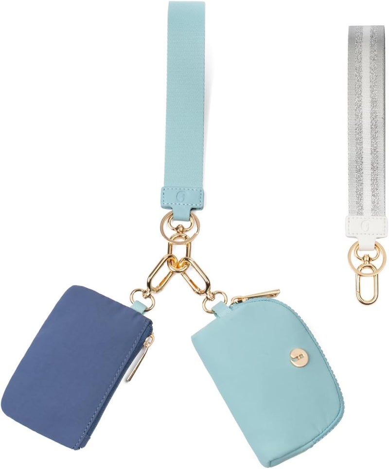 JEEBURYEE Dual Pouch Wristlet Keychain Wallet with 2 Wrist Straps - Small and Portable Mini Zipper Coin Purse Card Wallets for Women Men Gold Hardware Navy+Ice Blue - Image 1